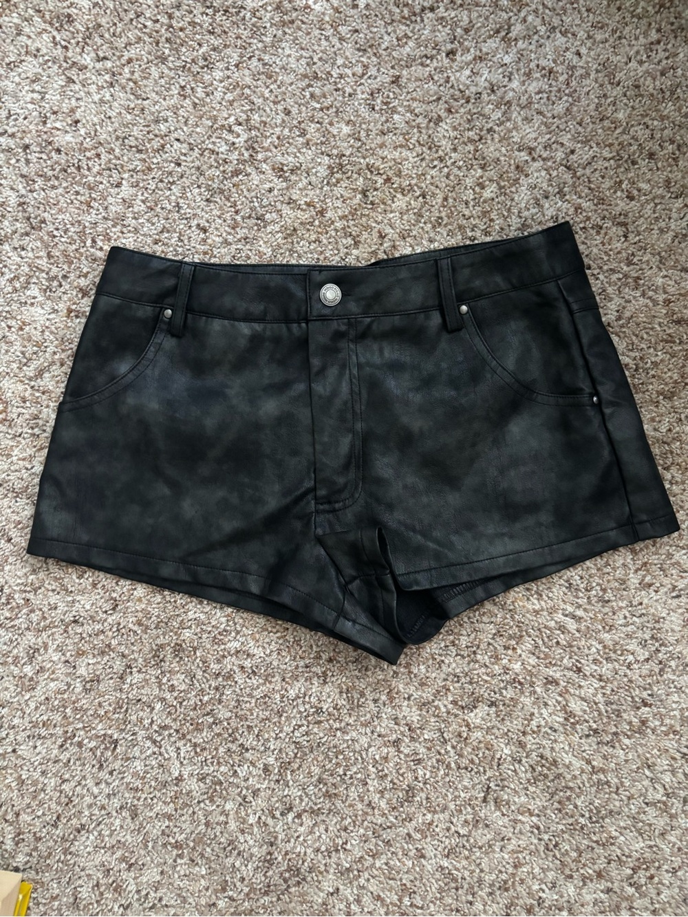 Black Faux-Leather Mini Shorts with Front Pocket Detail